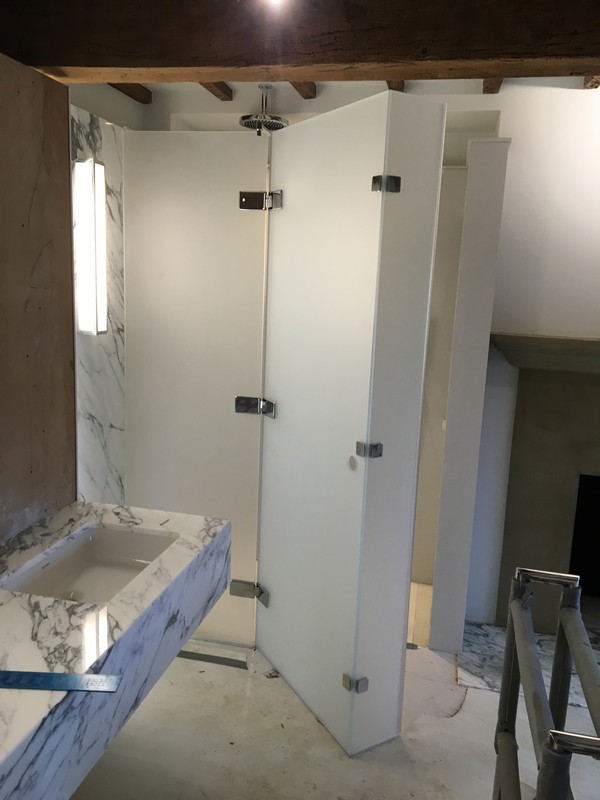 Bespoke frosted glass shower enclosure in Caterham luxury bathroom